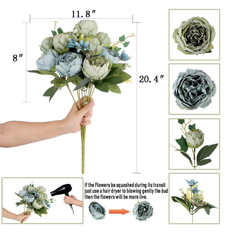 Louiesya 2 Packs of Artificial Peony Flowers Silk Peonies Fake Flower Bouquet Arrangements for Home Wedding Party Decoration (Blue Greenï¼Œ2 Packs) - Image 2